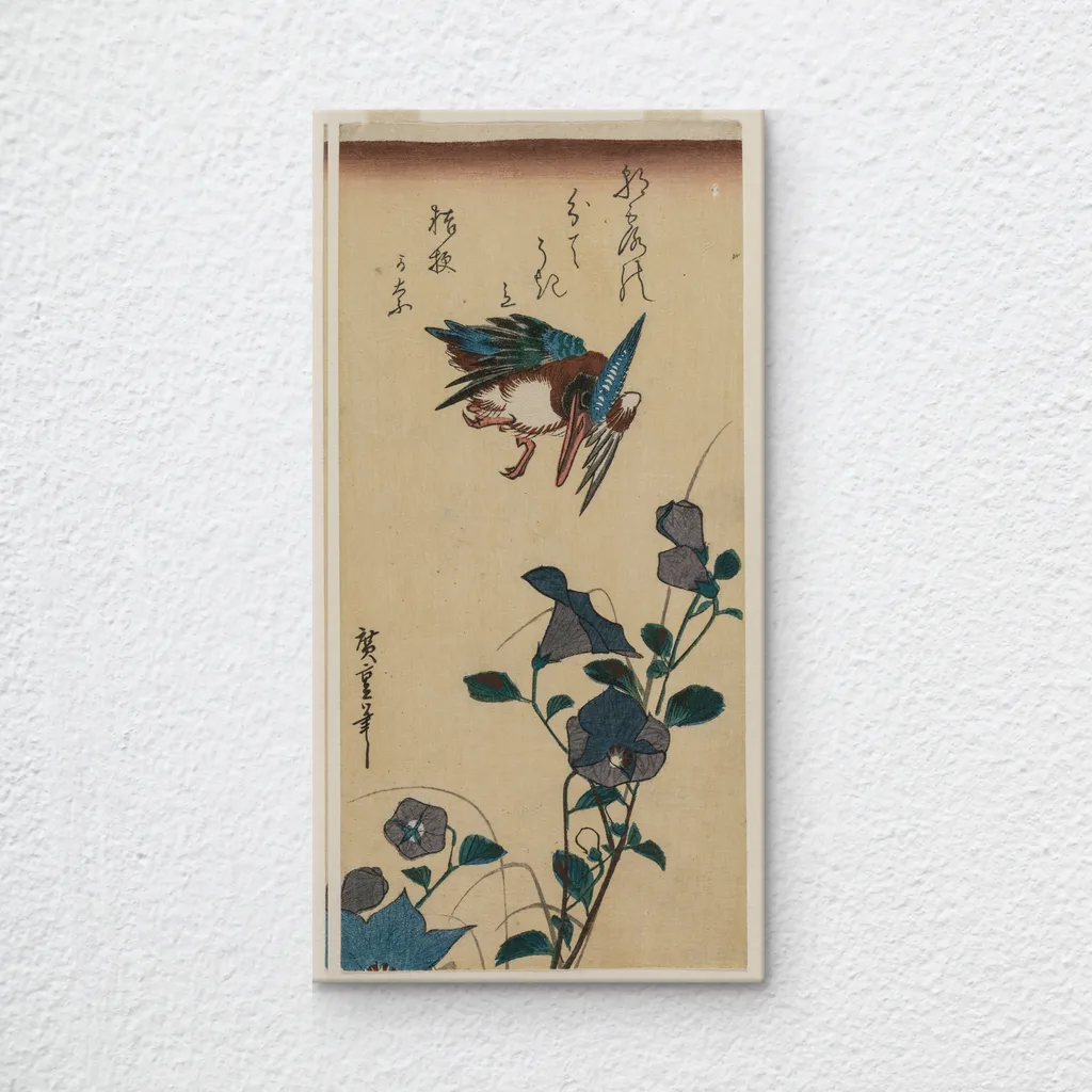 ‘Kingfisher And Chinese Bellflowers’ Japanese Wall Art Print printed on canvas
