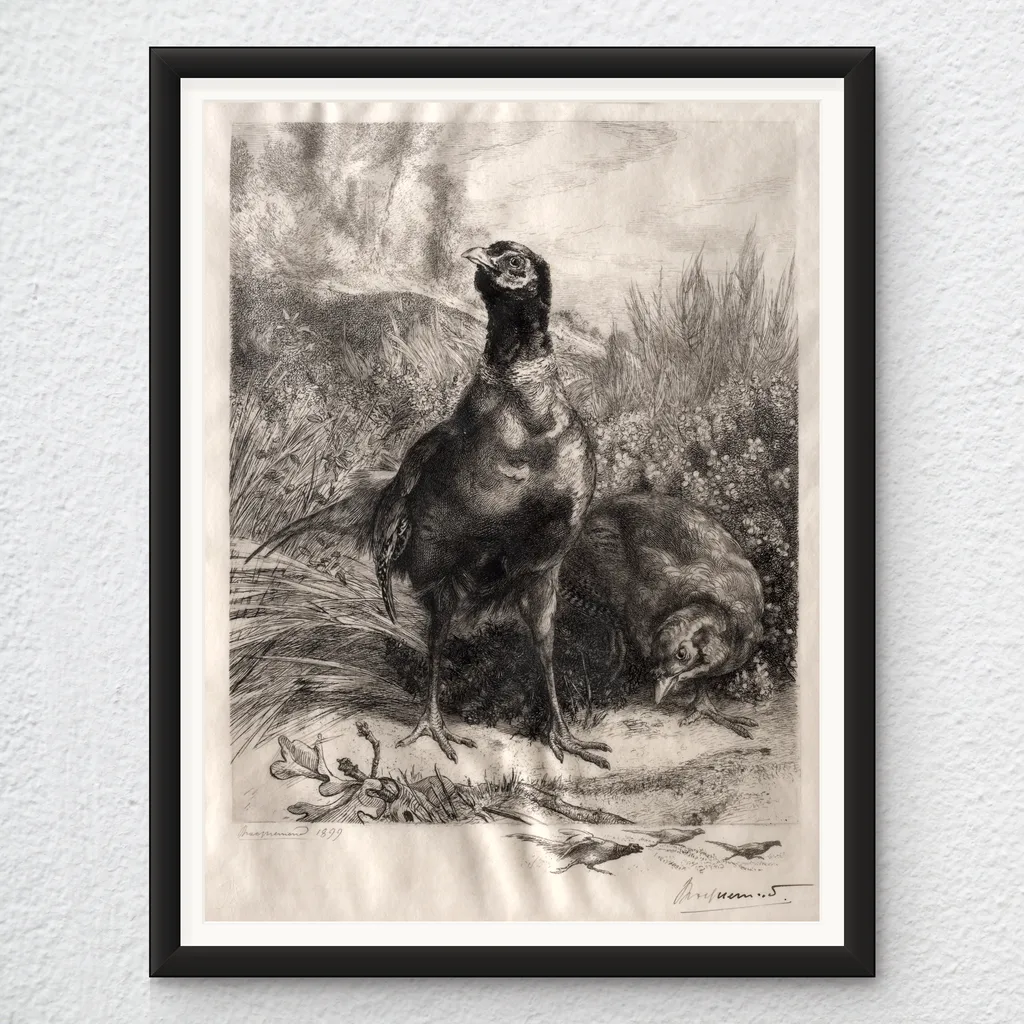 ‘The Pheasants’ Vintage Wall Art Print in a black frame