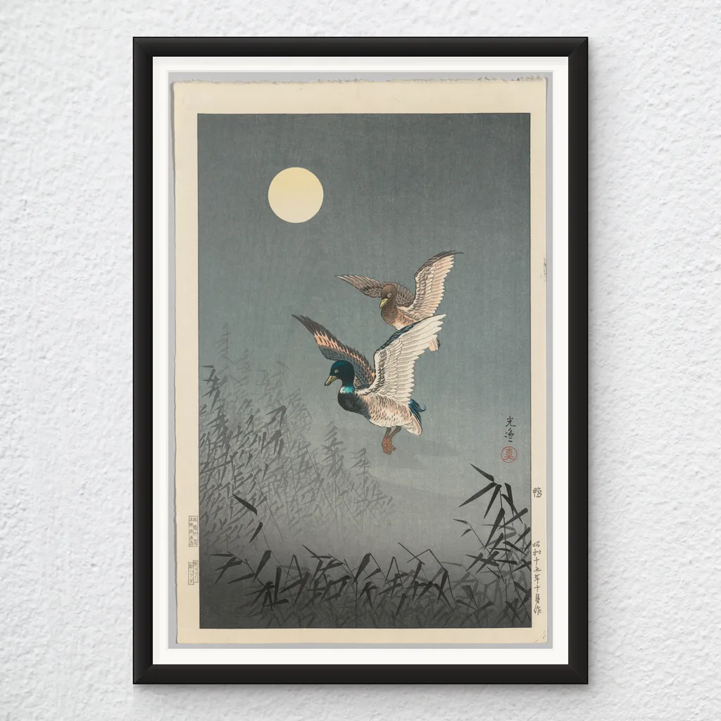 ‘Tokyo Views: Ducks’ Tsuchiya Kōitsu Wall Art Print in a black frame