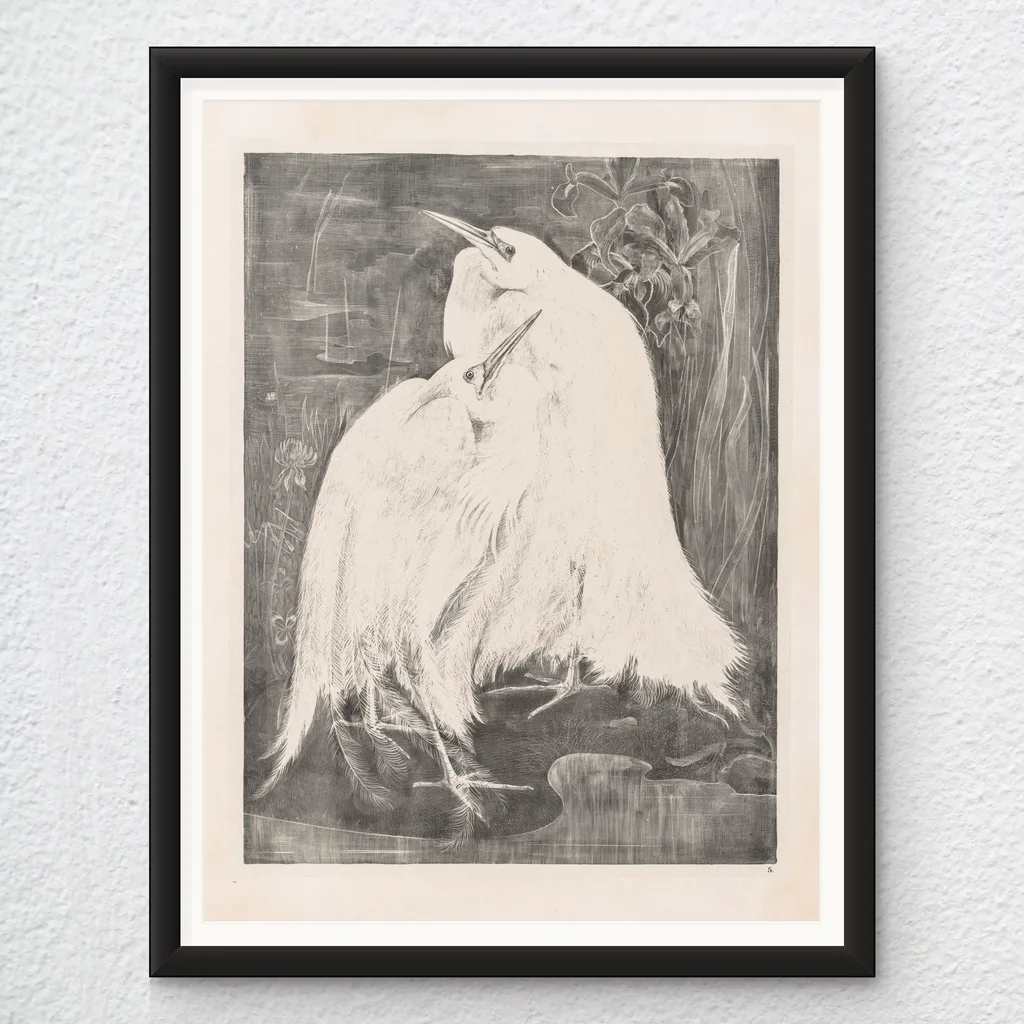 ‘Two Silver Herons’ Lithography Wall Art Print in a black frame